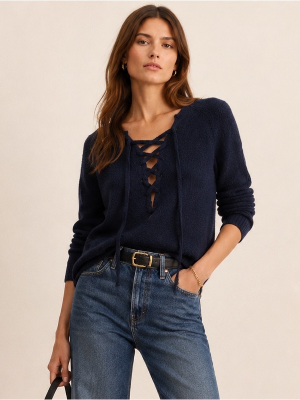 27 Miles Malibu Blue Cashmere lace up sweater. Size Medium